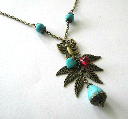 Teardrop Howlite Turquoise Necklace Butterfly Jewelry Leaves Antiqued Bronze