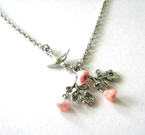 Light Pink Flower Necklace With Sparrow Antiqued Silver Jewelry
