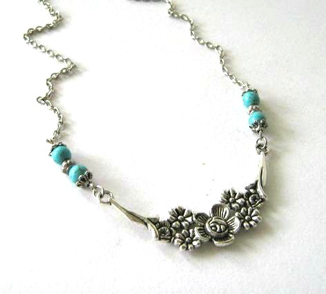 Antiqued Silver Flower Necklace Blue Howlite Turquoise Jewelry