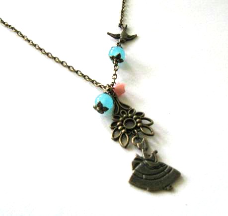 Victorian Lady Necklace With Sparrow And Blue Stone Beads
