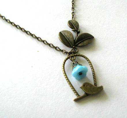 Antiqued Bronze Leaf And Bird Necklace Jewelry With Blue Flower
